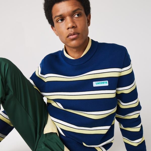 Lacoste LIVE Striped Cotton Crew Neck Sweater Pánské - Svetr Blankyt / Bílé | CZ-yr6bsh